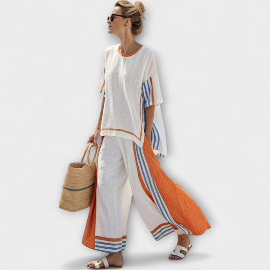 Faith - Ethnic Set Made of Linen and Bamboo with Stripes and Wide Cut