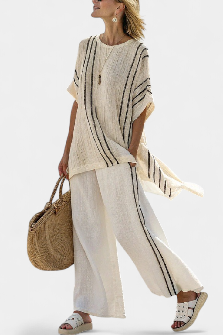 Faith - Ethnic Set Made of Linen and Bamboo with Stripes and Wide Cut