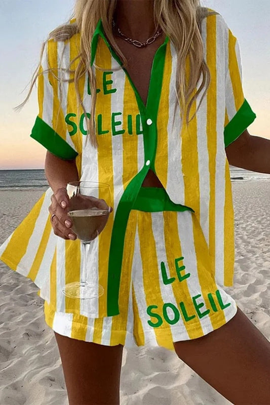 The Laura™ | Short Linen Suit with Yellow Stripes