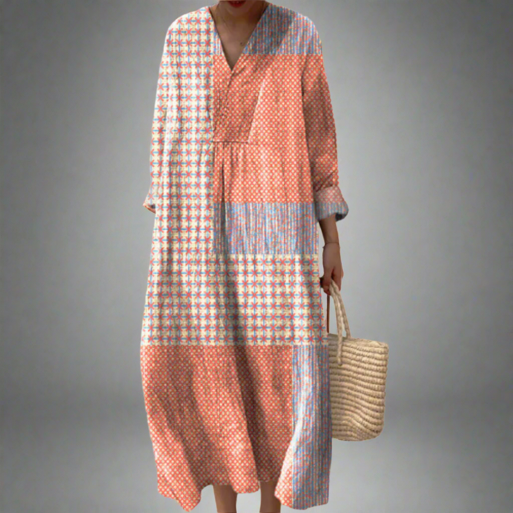 Nora™ | Midi Patchwork Dress with Coral and Star Patterns