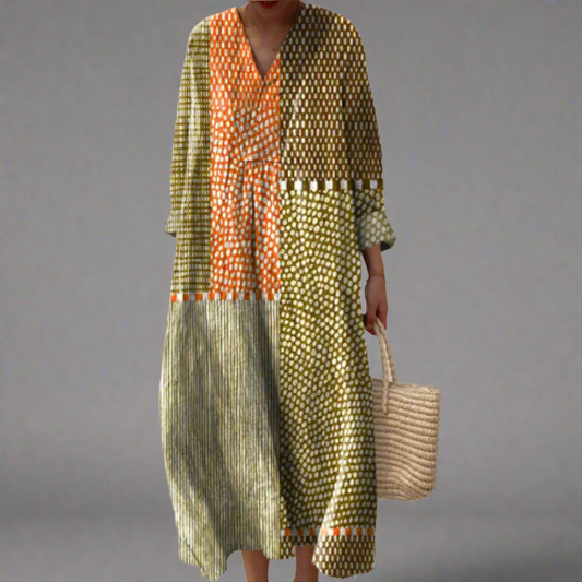 Vivian™ | Midi dress with a patchwork pattern in soothing earth tones