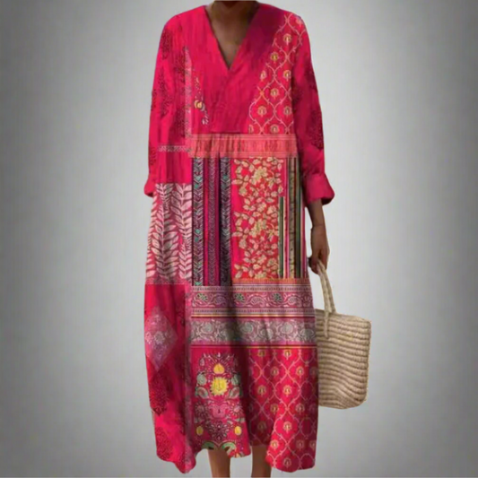 Mizi™ | Boho Midi Dress with Patchwork and Long Sleeves