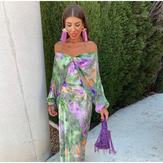 Aniston - Elegant Maxi Dress with Holographic Print and Detachable Scarf