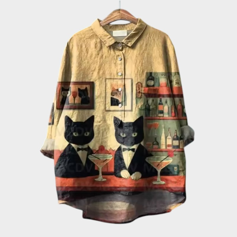 VIVIANA™ | Oversized Blouse with Cat Print