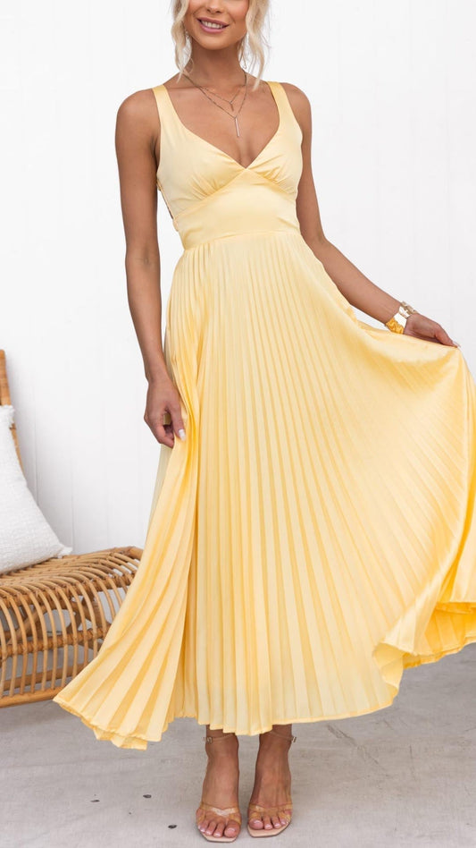 Avi - Yellow Pleated Maxi Dress with V-Neck