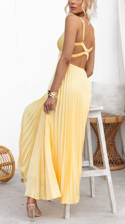 Avi - Yellow Pleated Maxi Dress with V-Neck