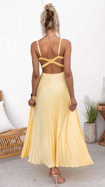Avi - Yellow Pleated Maxi Dress with V-Neck