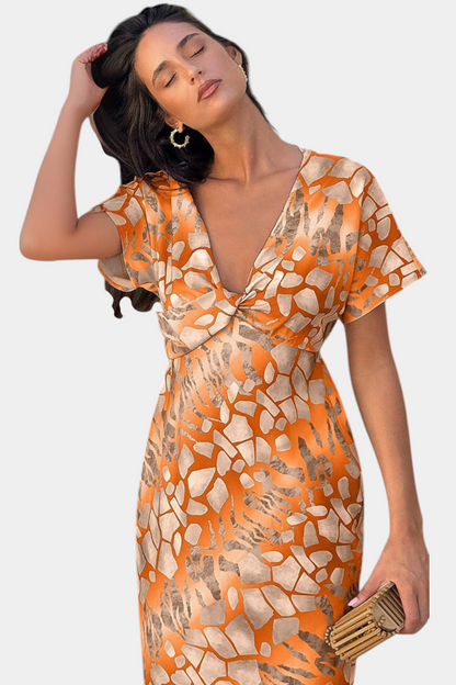Dresses with Abstract Print and V-Neck Exposure