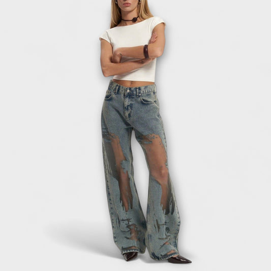 High-Waisted Jeans with Unique Design and Fashionable Style