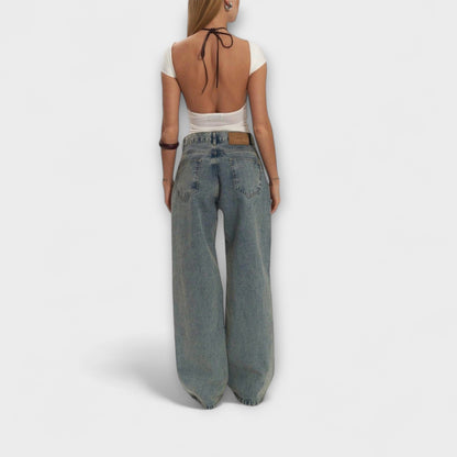 High-Waisted Jeans with Unique Design and Fashionable Style