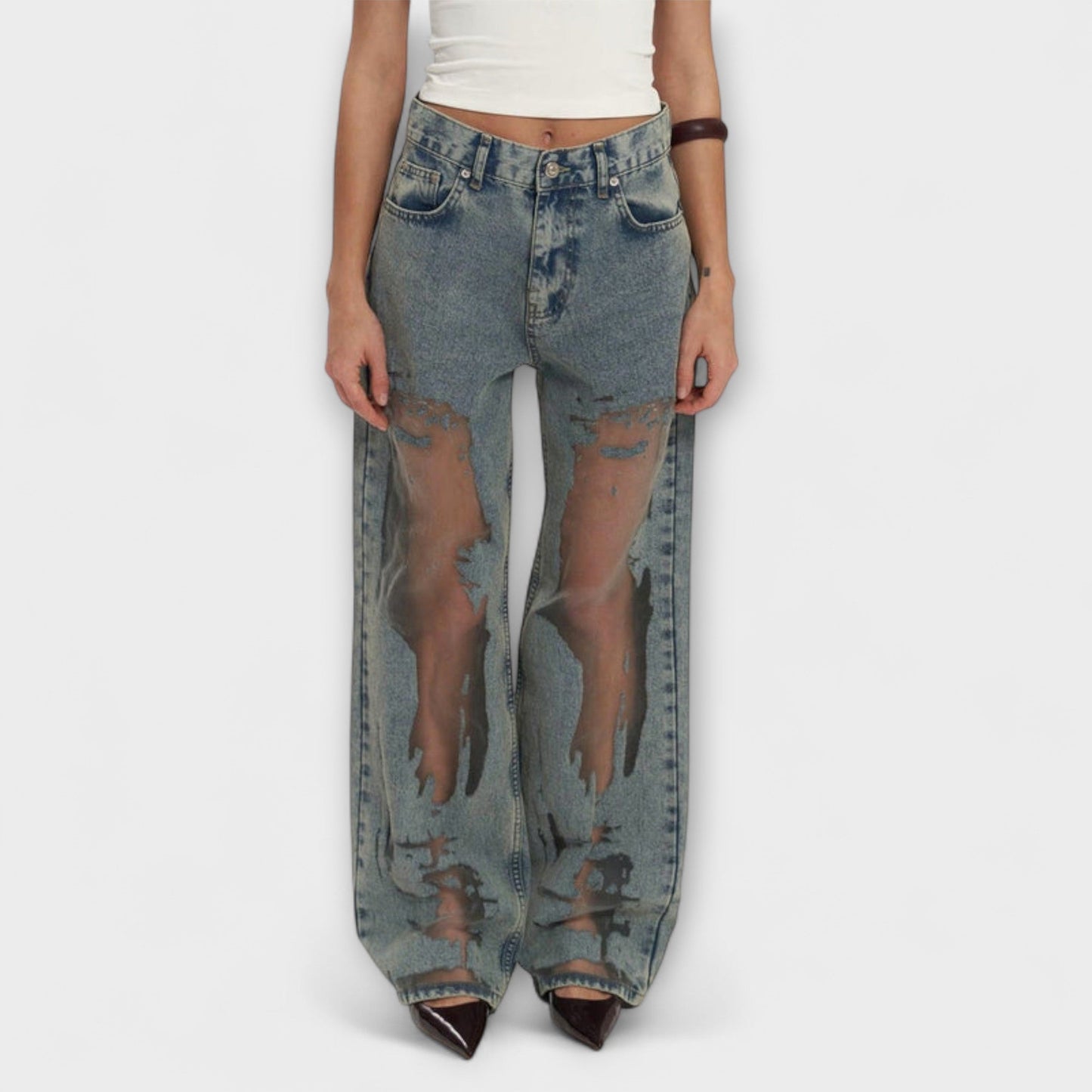 High-Waisted Jeans with Unique Design and Fashionable Style