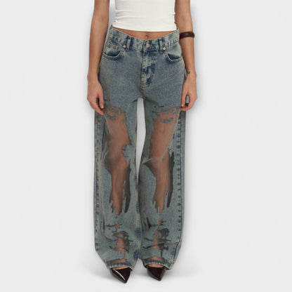 High-Waisted Jeans with Unique Design and Fashionable Style
