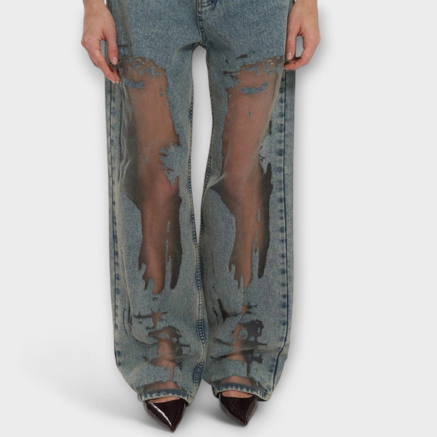 High-Waisted Jeans with Unique Design and Fashionable Style