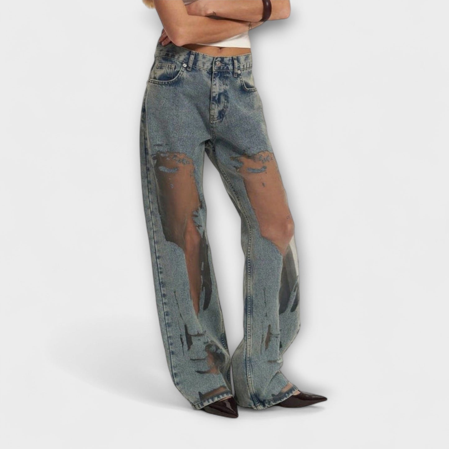 High-Waisted Jeans with Unique Design and Fashionable Style