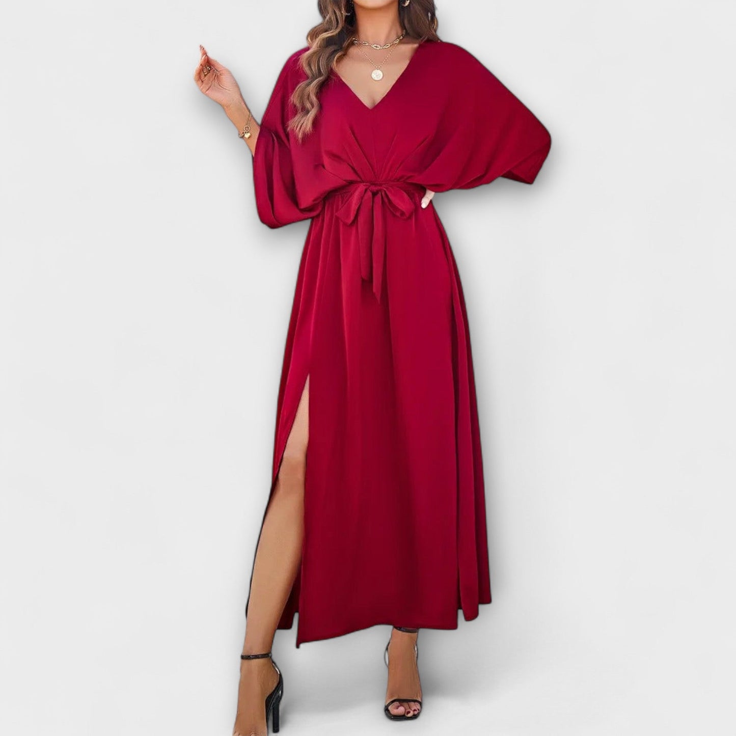Deep V-Neck Maxi Dress with Belt