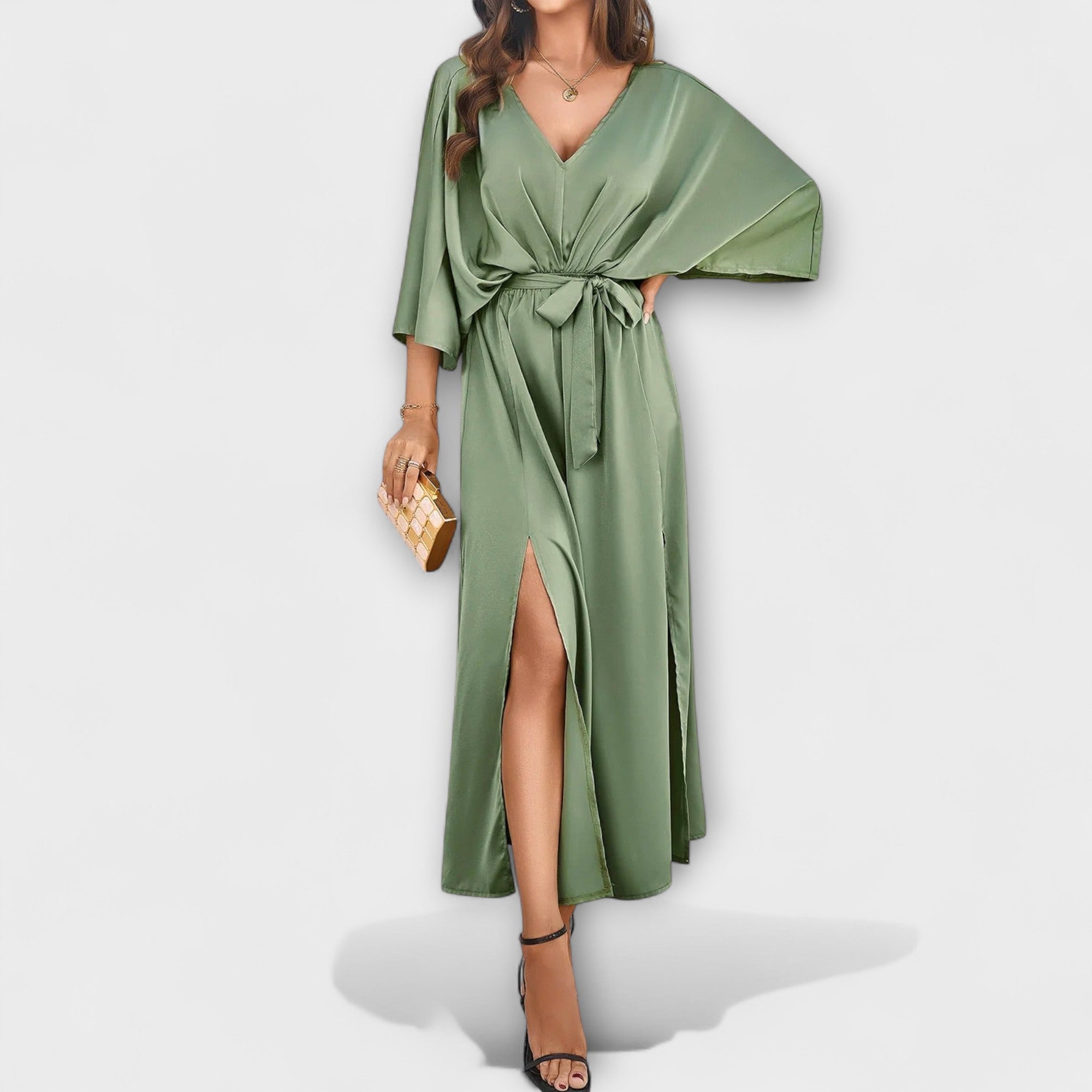 Deep V-Neck Maxi Dress with Belt