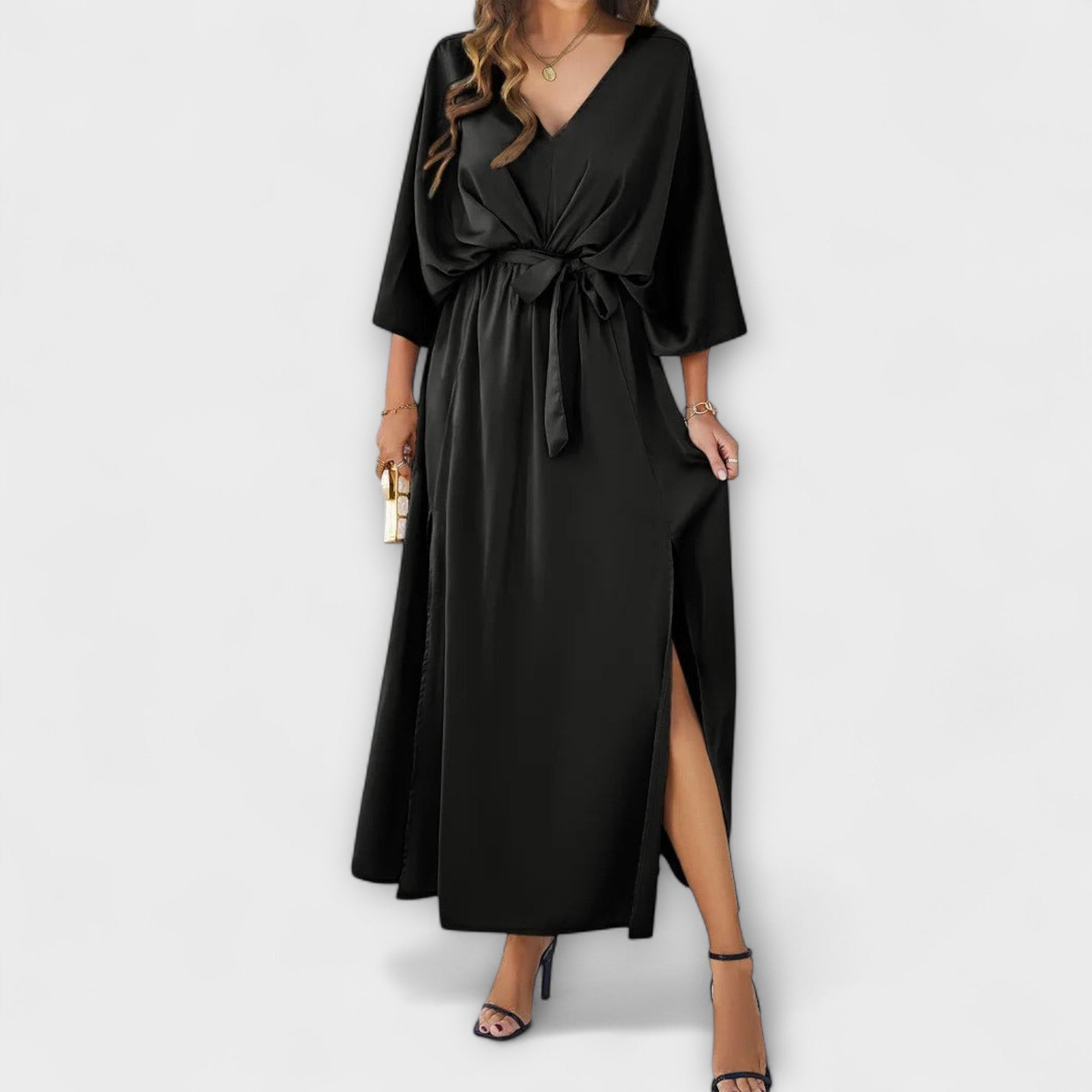 Deep V-Neck Maxi Dress with Belt