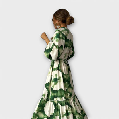 Green Maxi Dress with Long Sleeves and V-Cut