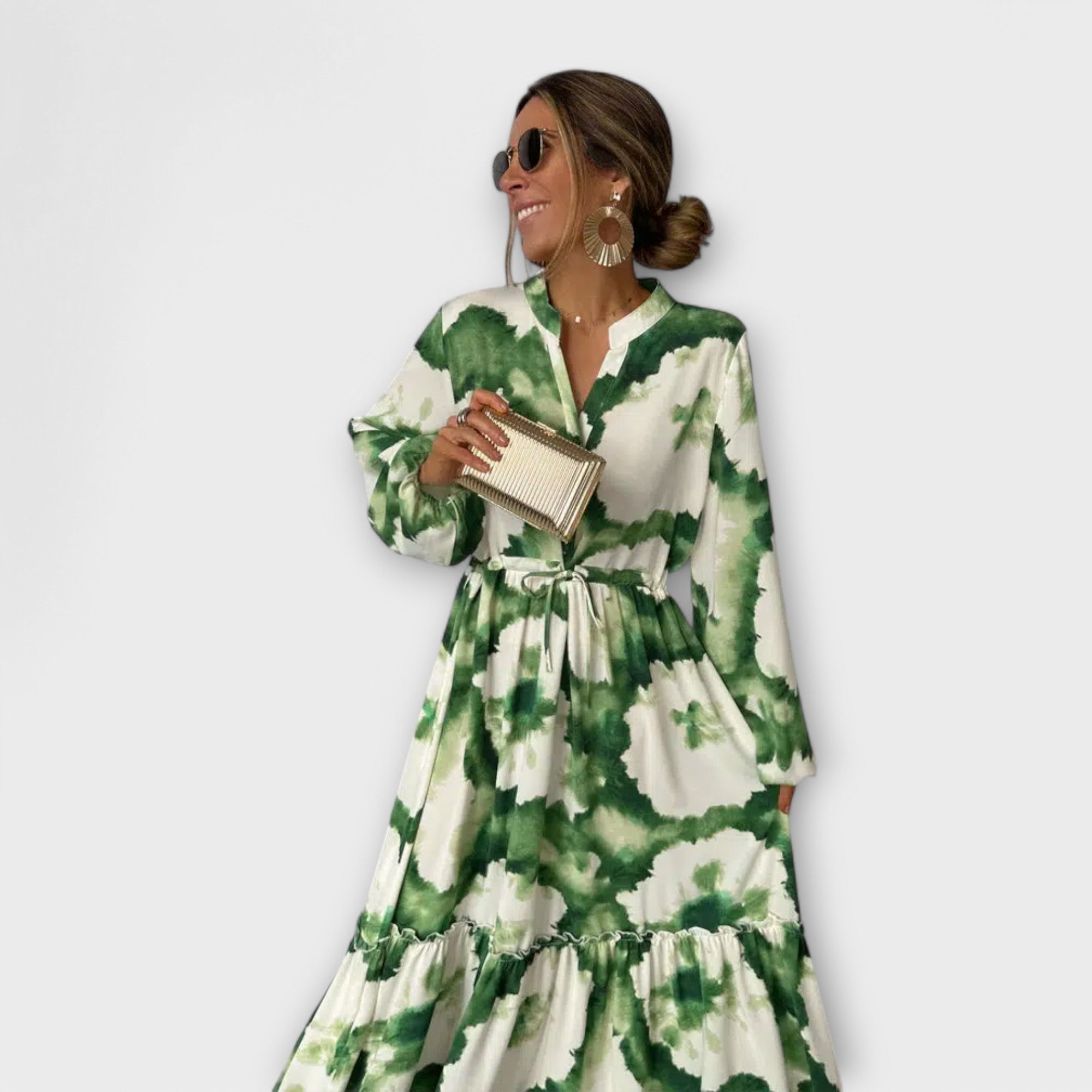 Green Maxi Dress with Long Sleeves and V-Cut