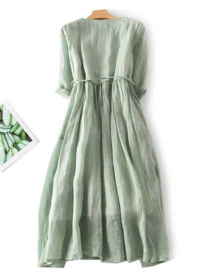 Aria - Women's Retro Style Dress with Round Collar and Waist Straps