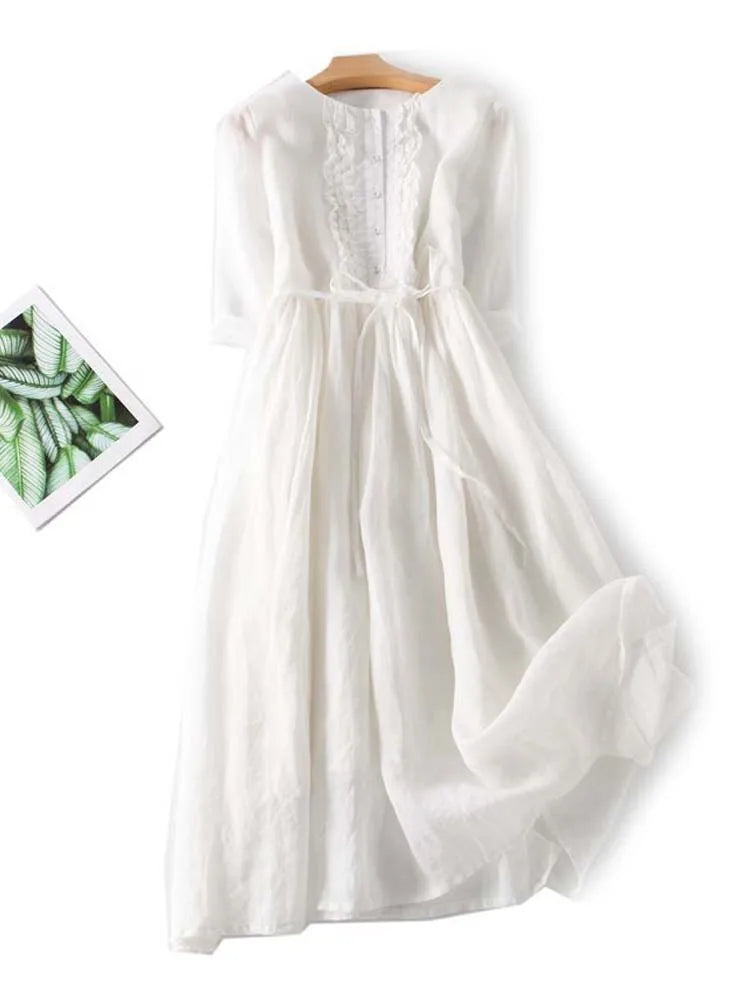 Aria - Women's Retro Style Dress with Round Collar and Waist Straps