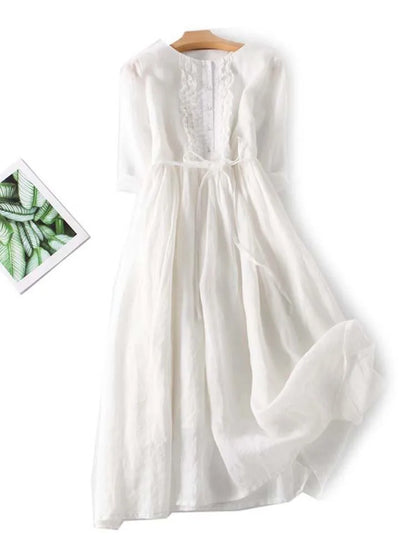 Aria - Women's Retro Style Dress with Round Collar and Waist Straps