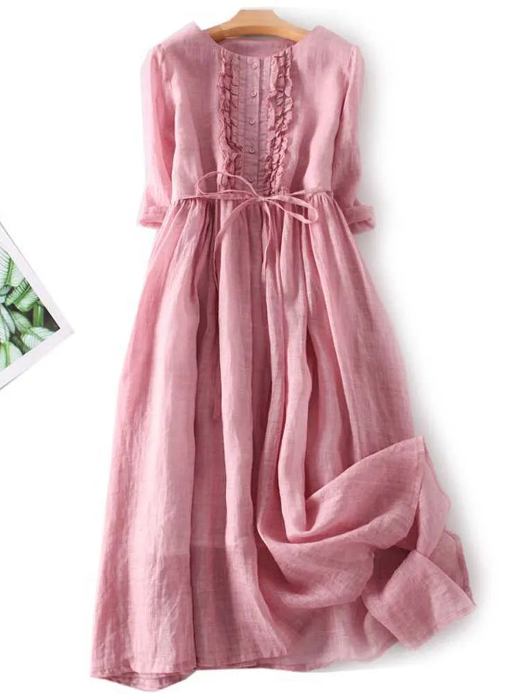 Aria - Women's Retro Style Dress with Round Collar and Waist Straps