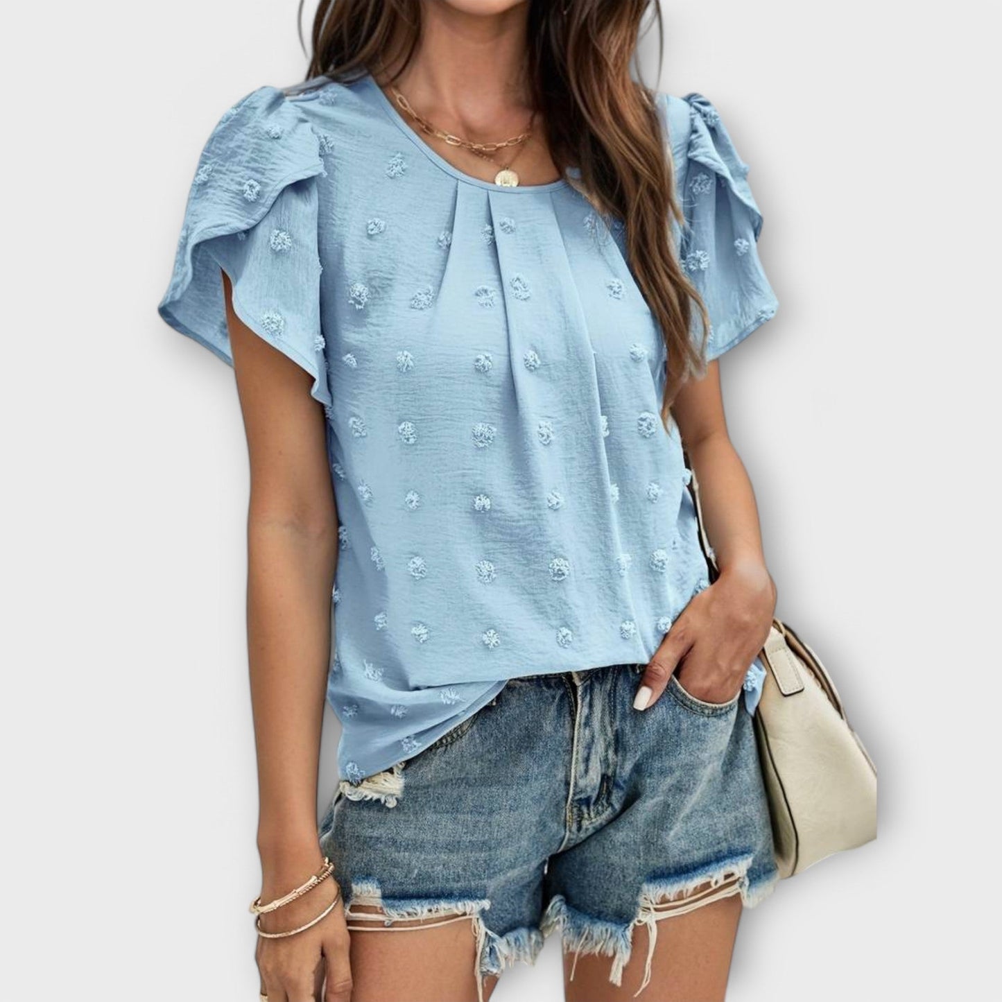 Charlotte Shirt with Floral Sleeves in Swiss Dot Style