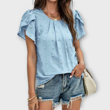Charlotte Shirt with Floral Sleeves in Swiss Dot Style