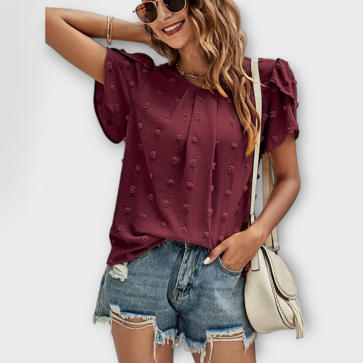 Charlotte Shirt with Floral Sleeves in Swiss Dot Style