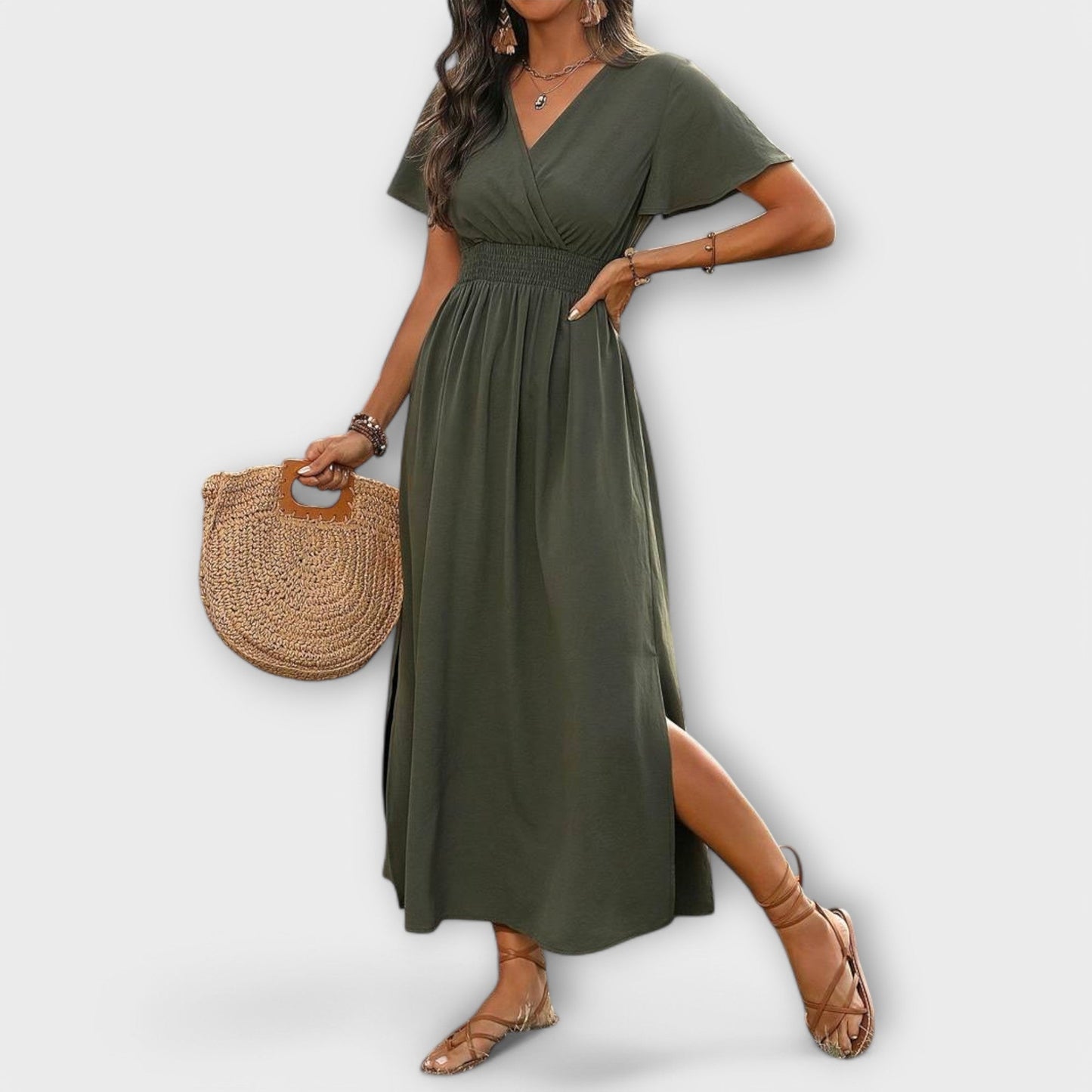 Elegant Boho Dress with V-Neck and Long Sleeves