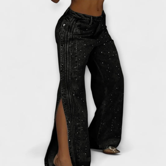 High Waist Jeans with Rhinestones and Side Buttons