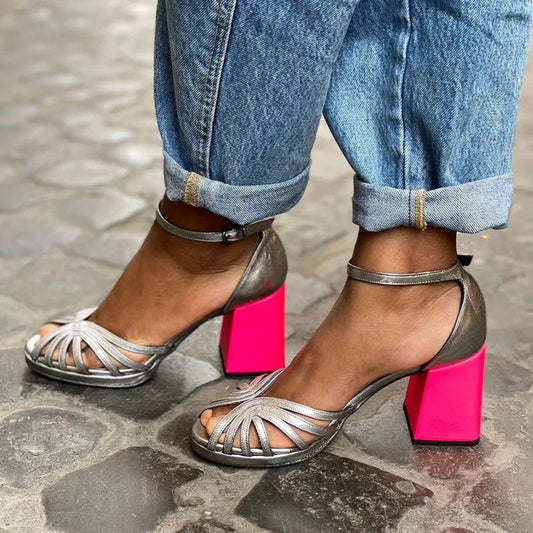 Serafina™ | Shiny sandals with a thick heel and elegant strap