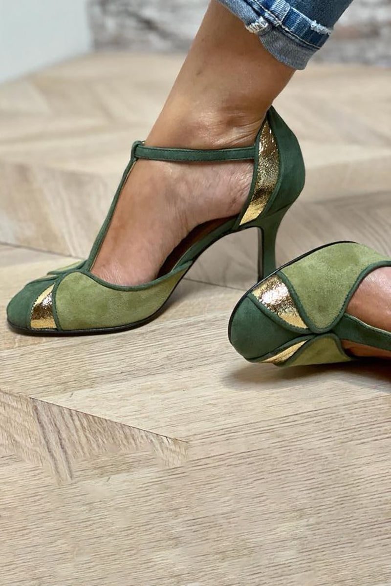 Taviana | Patchwork Heels with T-Strap and Closed Front