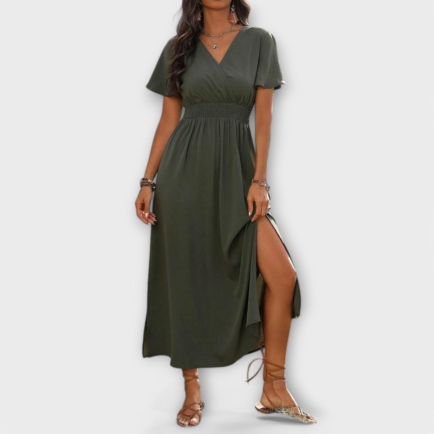 Elegant Boho Dress with V-Neck and Long Sleeves