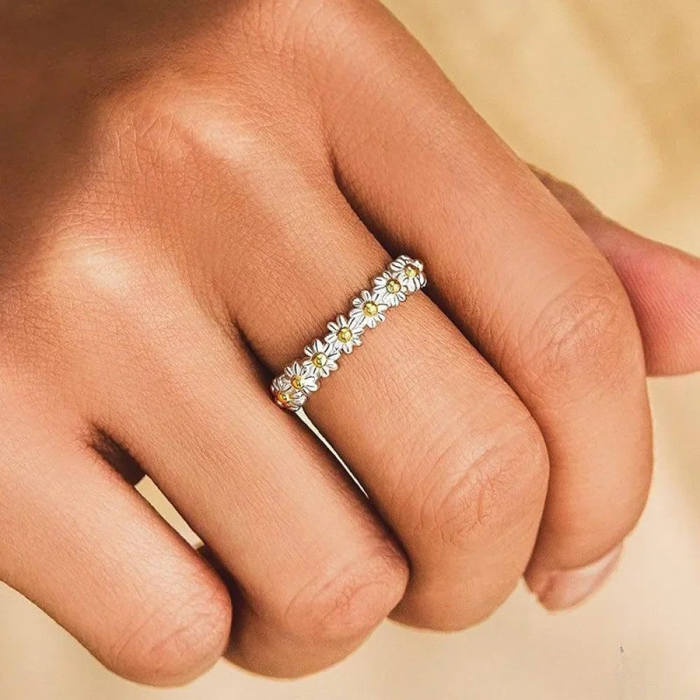 Adjustable Silver Ring with Hand-Painted Flower
