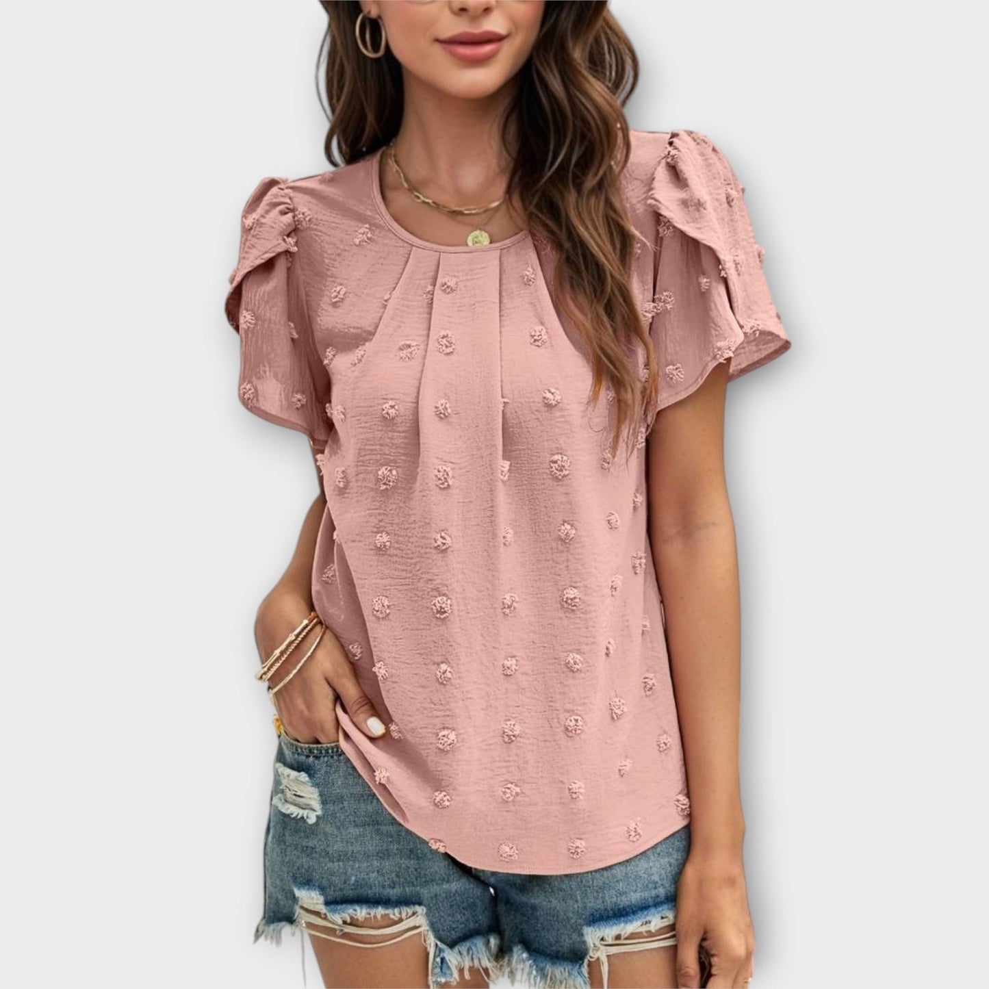 Charlotte Shirt with Floral Sleeves in Swiss Dot Style
