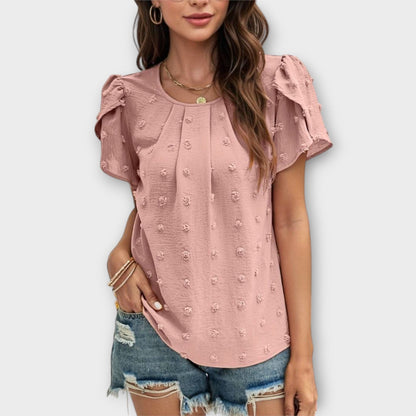 Charlotte Shirt with Floral Sleeves in Swiss Dot Style
