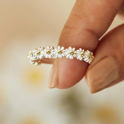 Adjustable Silver Ring with Hand-Painted Flower