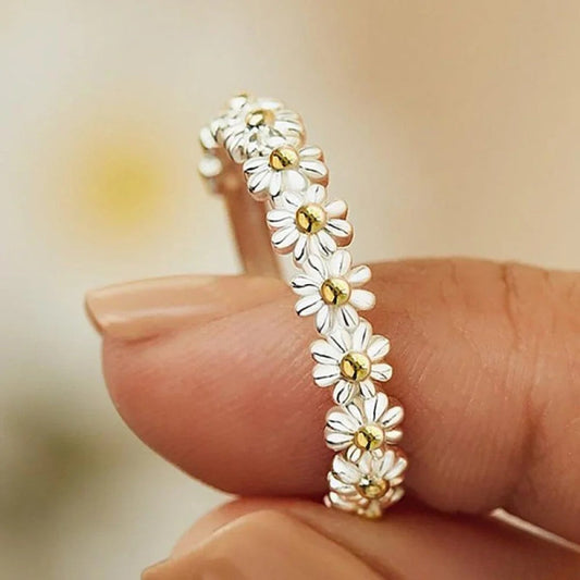 Adjustable Silver Ring with Hand-Painted Flower
