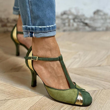 Taviana | Patchwork Heels with T-Strap and Closed Front