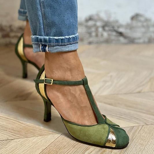 Taviana | Patchwork Heels with T-Strap and Closed Front