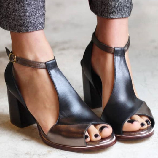 Nadaria | Black Peep-Toe Patchwork Heels