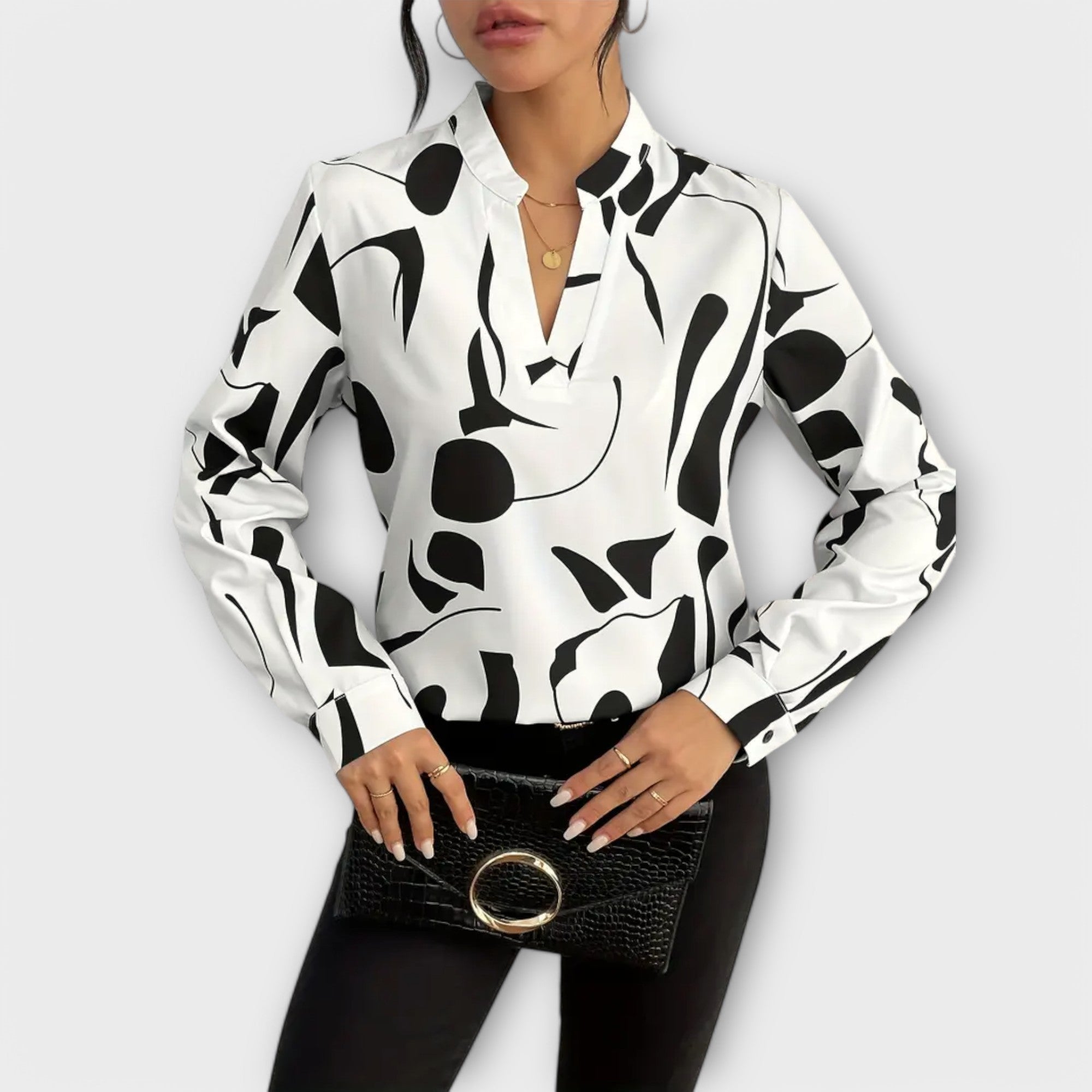 Elegant Long Sleeve V-Shaped Shirt with Geometric Pattern