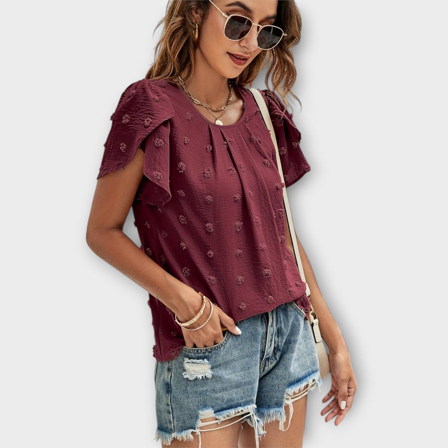 Charlotte Shirt with Floral Sleeves in Swiss Dot Style