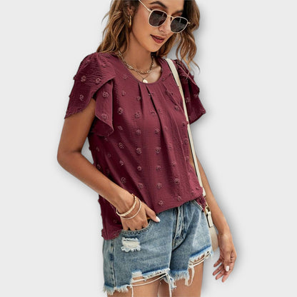 Charlotte Shirt with Floral Sleeves in Swiss Dot Style