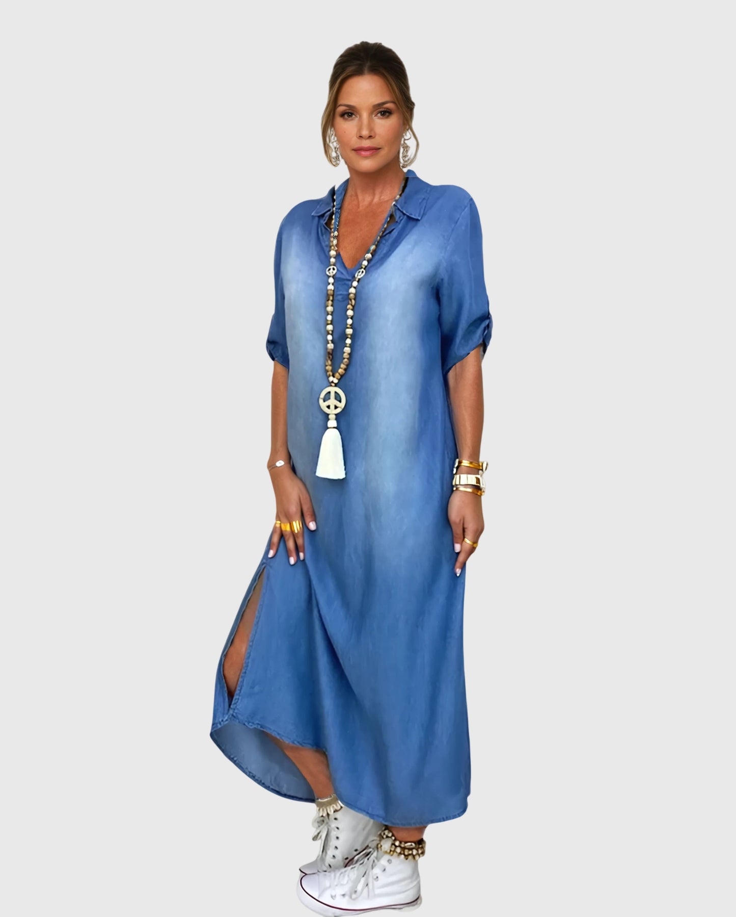 Lea™ | Long Denim-Style Dress with Side Slits