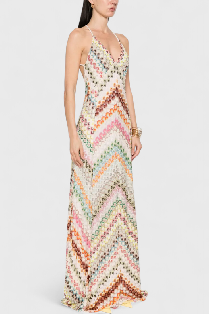 Long Agostina Dress with Lace and V Scott and Zigzag Pattern