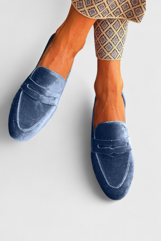 Llnica Velvet Blue Moccasins with Patchwork Details and Rounded Toe