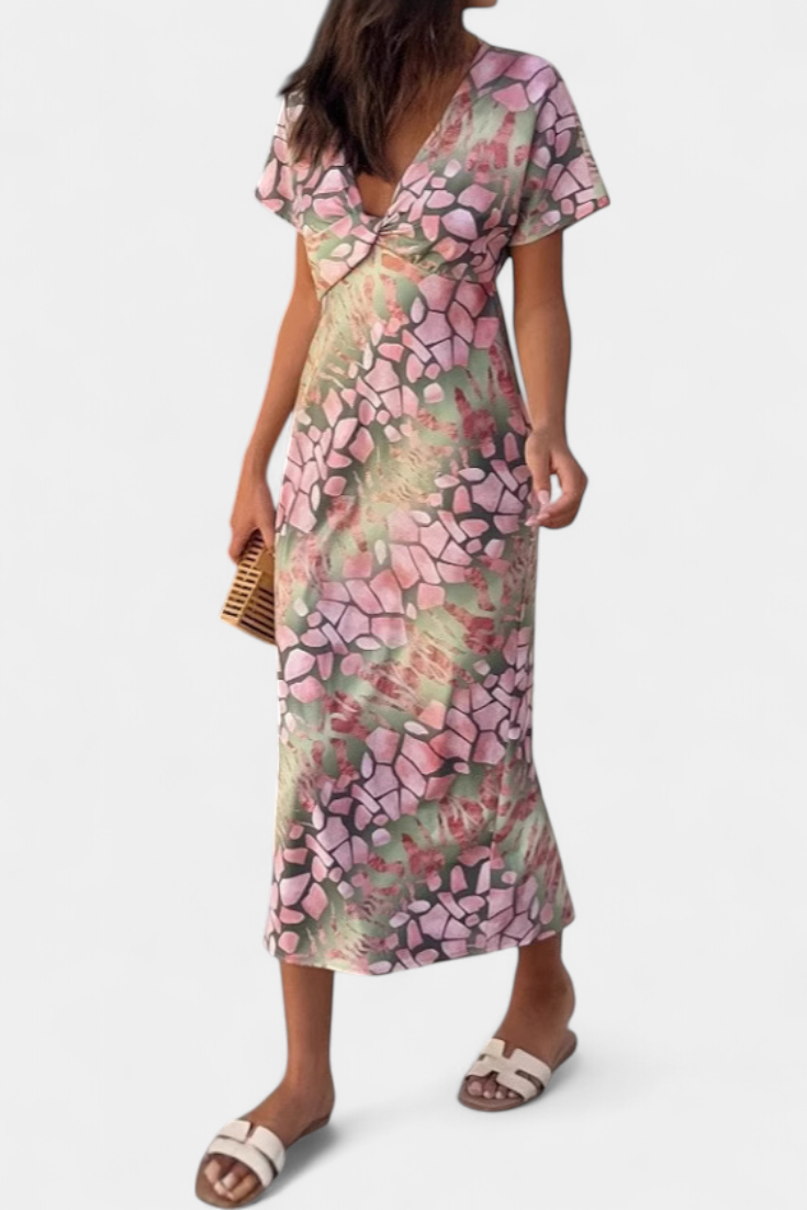 Dresses with Abstract Print and V-Neck Exposure